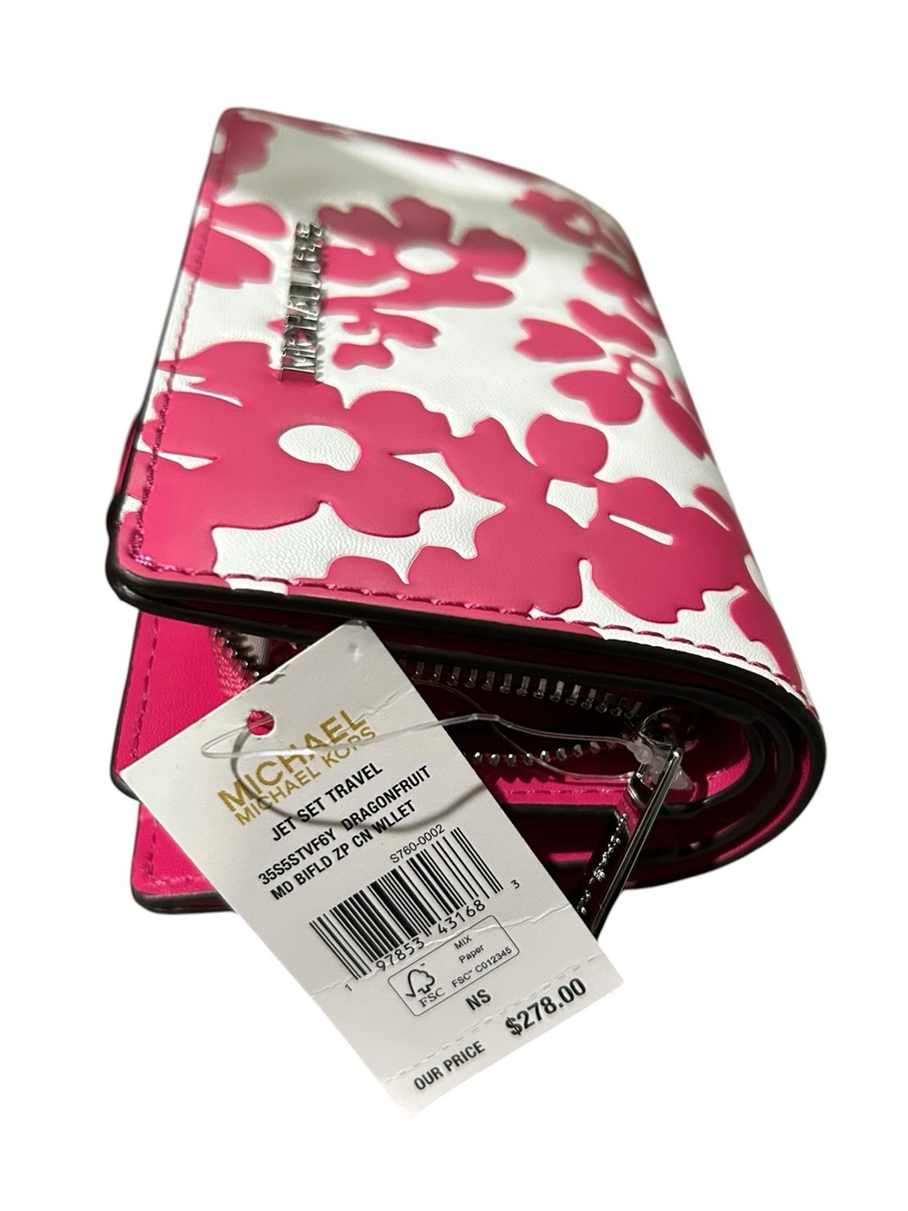 NWT Michael Kors Jet Set Medium Bifold Wallet - Dragonfruit Floral Pink - Picture 7 of 9